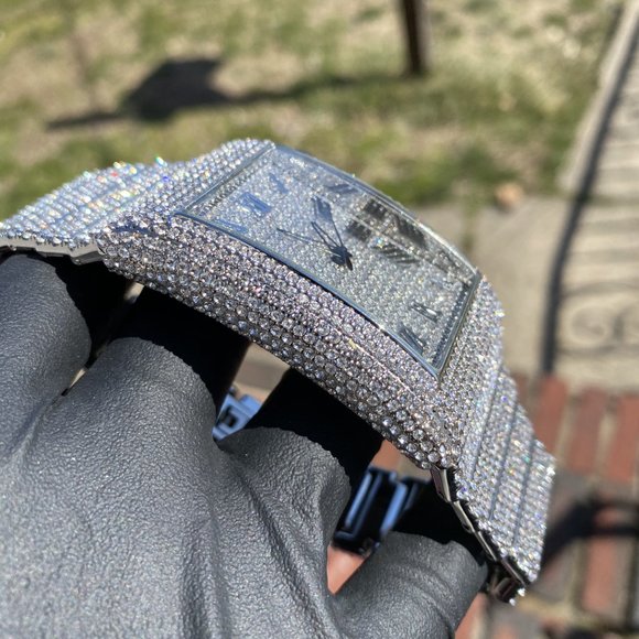 Full Iced Gold PT/ White Gold PT Hip Hop Rectangle Luxury Stylish Quartz Watch - Picture 5 of 16